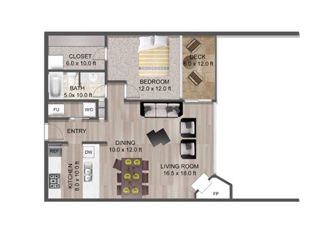 Floor plan for 1 bed, 1 bath, 953 sqft